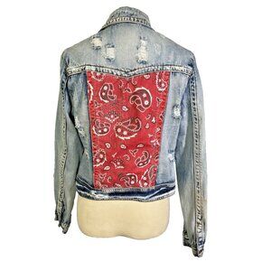 White Crow Bandana Back Distressed Denim Jean Jacket Size L